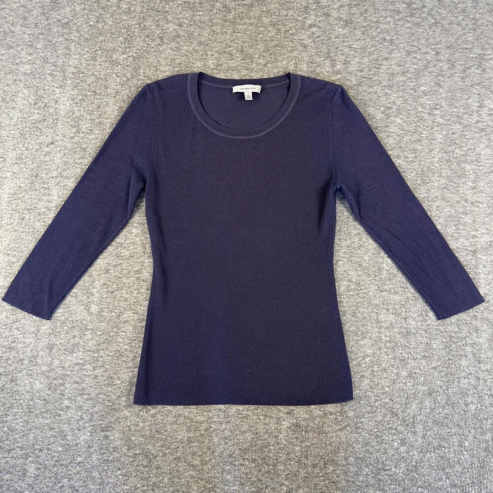 Classiques Entier Sweater Womens Small Blue Ribbed Scoop Neck 3/4 Sleeve Knit